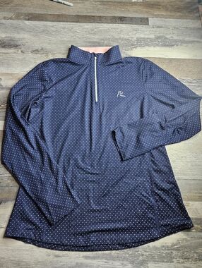 Rhoback Women's Quarter Zip Pullover Large Navy Blue Pink Polka Dots